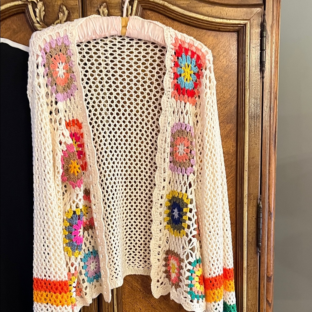 Colorful Crochet Open-Front Sweater